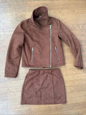 Kids Brown Faux-Suede Moto Jacket & Skirt Set size 10